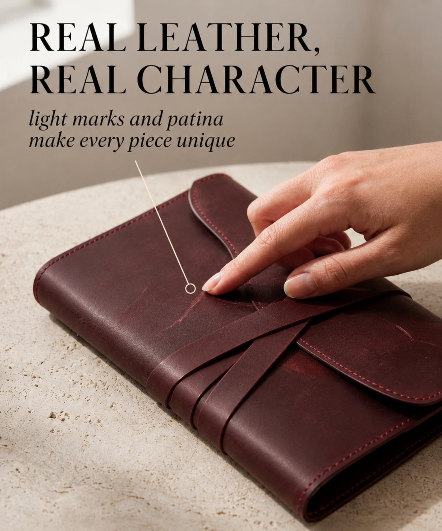 Leather Journal Cover – Refillable A5 Notebook Cover (5.8" x 8.3"), Minimalist Wrap Book Sleeve in Full Grain Leather with Strap Closure, Slim Protective Diary & Planner Cover, Inserts Not Included