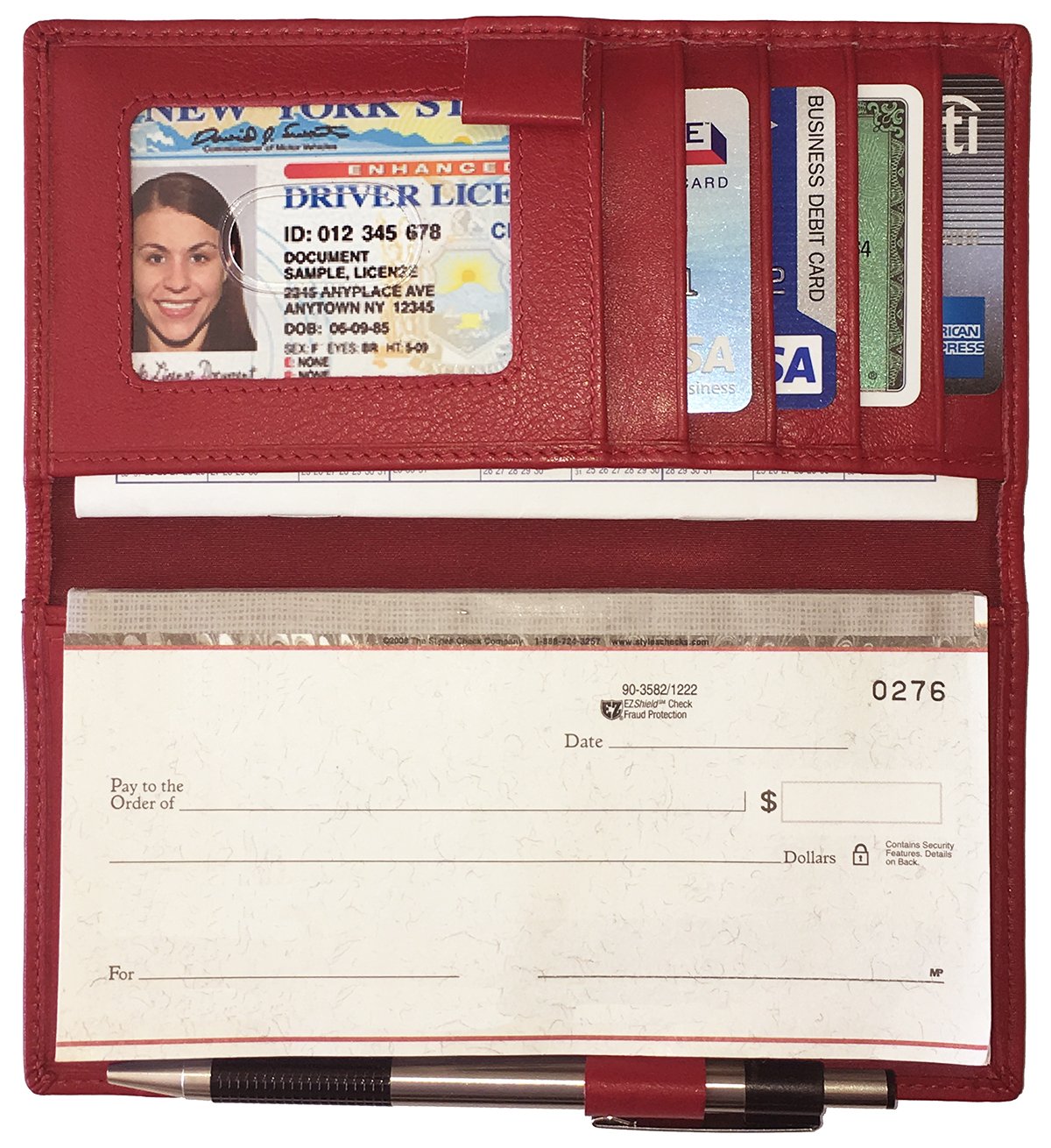 123 Cheap Checks Red RFID Leather Checkbook Cover With Credit Card Slots and Pen Holder