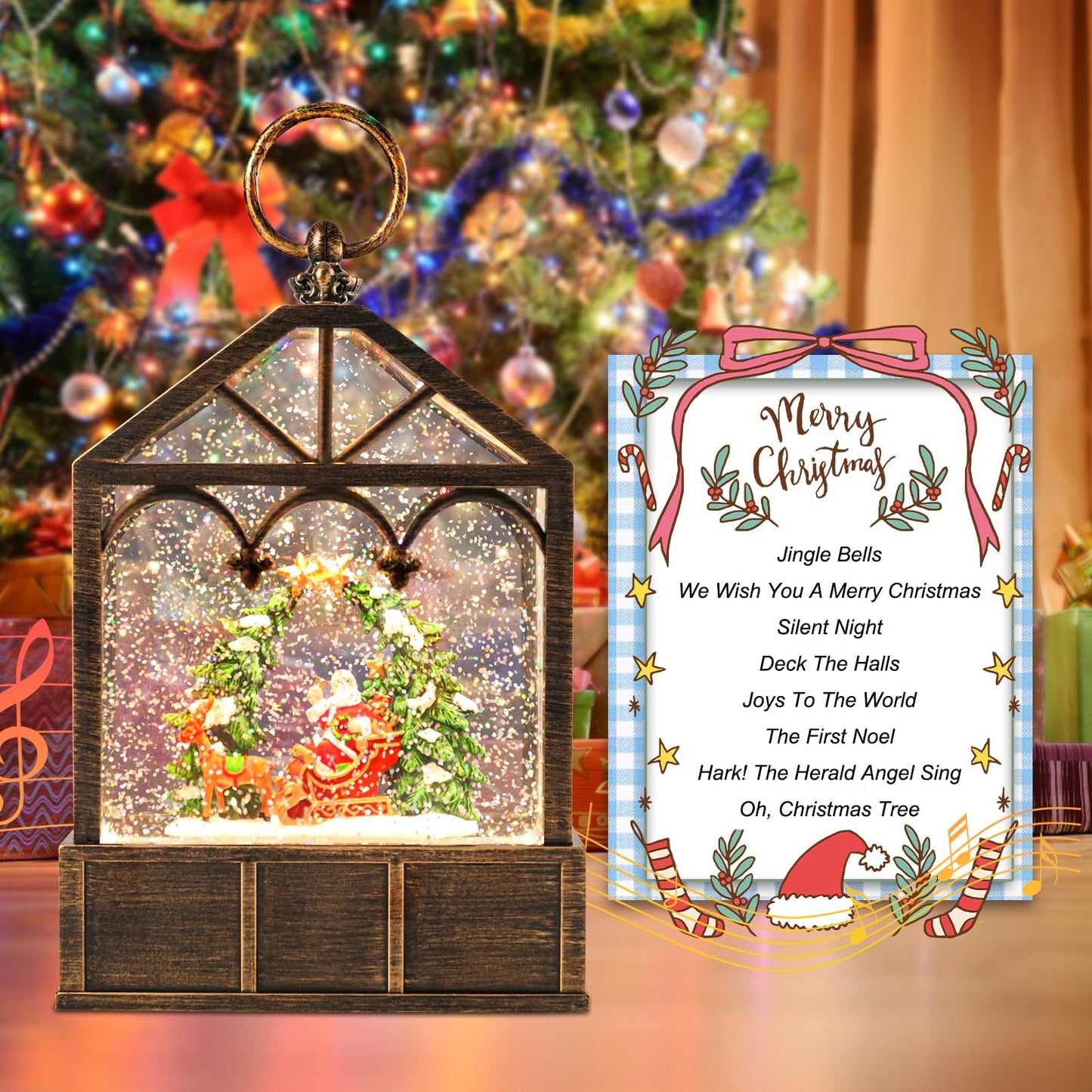 Christmas Snow Globes Musical Lantern Snow Globe Santa Clause Reindeer Sleigh Water Snow Globe Glittering Portable Hanging Tabletop Decorative Lantern Christmas Home Décor