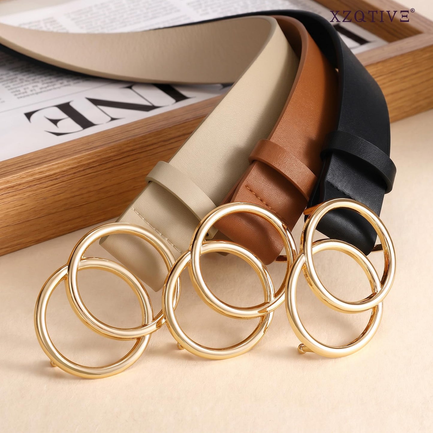 XZQTIVE 3 Packs Women's Leather Belts For Jeans Dresses Pants Fashion Ladies Waist Belt with Double O-Ring Gold Buckle