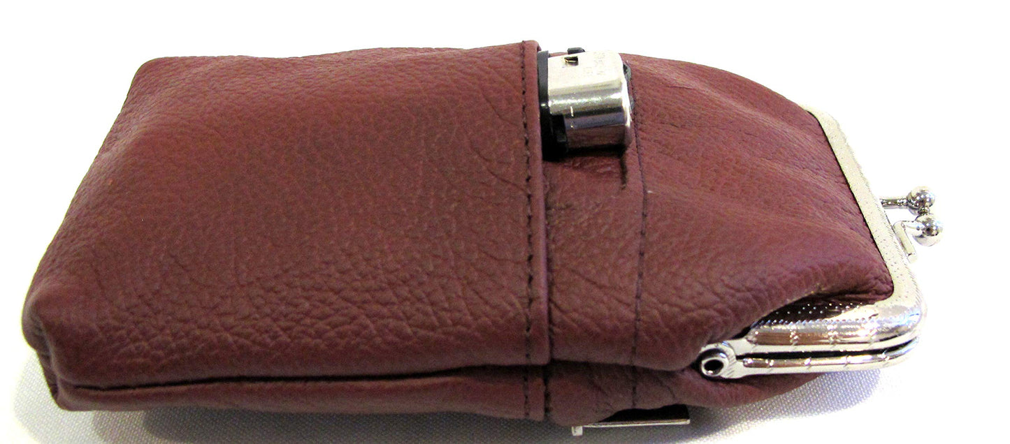 Women 100% Pure Leather Cigarette Case Lighter Match Pocket Zipper Coin Pouch -4 Color (Wine)
