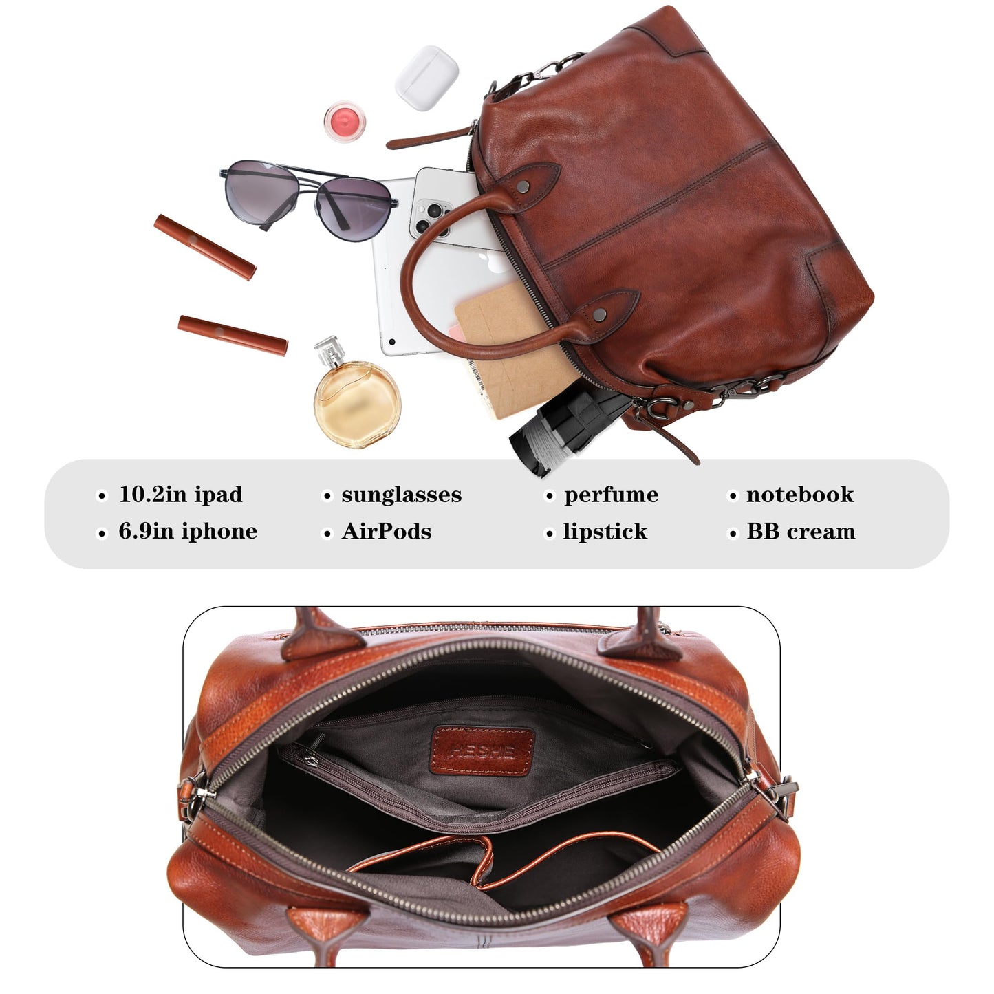 HESHE Genuine Leather Satchel Tote Bag for Women Leather Purse Large Capacity Top Handle Handbag Designer Shoulder Bags Vintage Cross Body Doctor Bag (Brown)