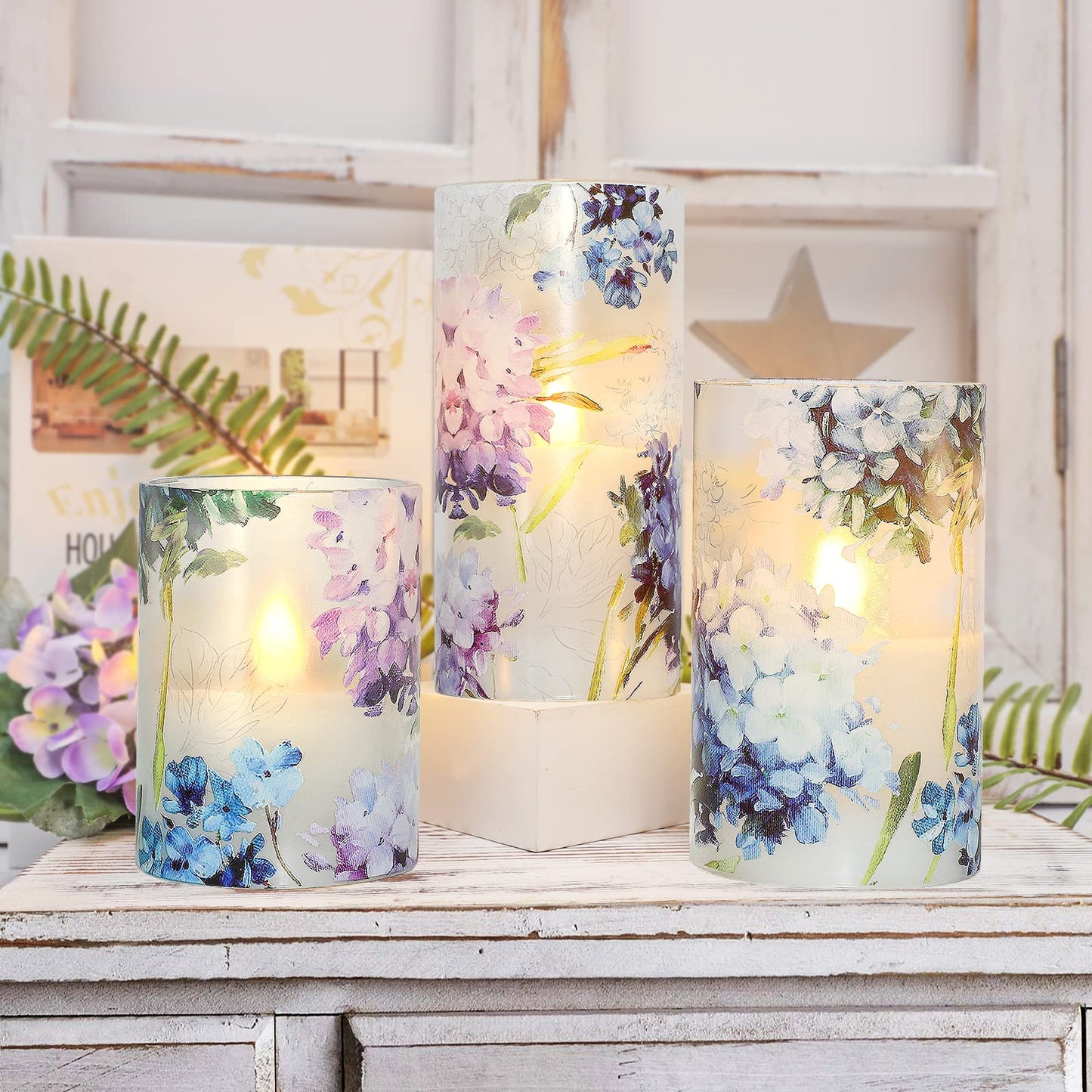 GORGE MOMENT Blue Violet Hydrangea Flameless Candles LED Flicker with Remote DIM Love Theme Summer Spring Decorative Glass Decor Wedding Date Proposal Dinner Table Home Gift for Lover