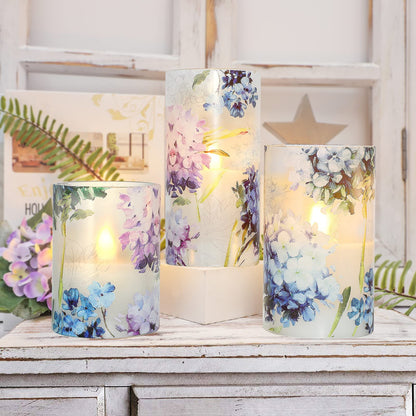 GORGE MOMENT Blue Violet Hydrangea Flameless Candles LED Flicker with Remote DIM Love Theme Summer Spring Decorative Glass Decor Wedding Date Proposal Dinner Table Home Gift for Lover