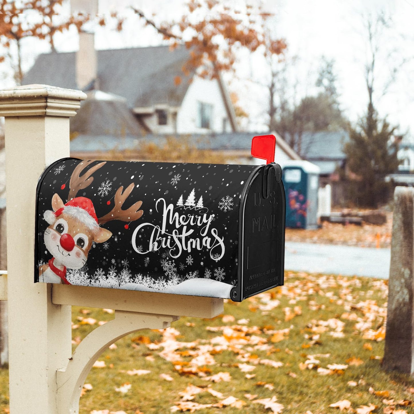 Anyako Merry Christmas Reindeer Black Mailbox Covers Magnetic Standard Size 18" X 21",Winter Snowflake Mailbox Wraps Post Letter Winter Box Cover for Holiday Garden Yard Decor