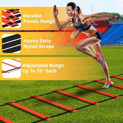 Yes4All Agility Ladder Adjustable Speed & Agility Training Equipment for All Ages, Durable Speed Ladder, Multiple Combo Sets Available, Orange,12 Agility Cones, 5 Hurdles, Jump Rope, Running Parachute
