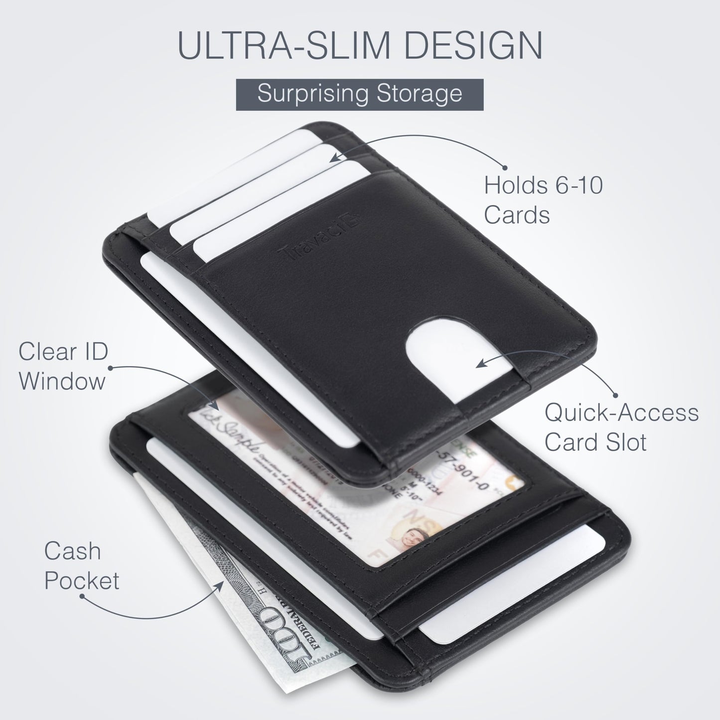 Travaci Full Grain Leather Slim Wallet for Men and Women - Small Minimalist Wallet and Leather Card Holder - Thin Front Pocket Credit Card Holder - Black