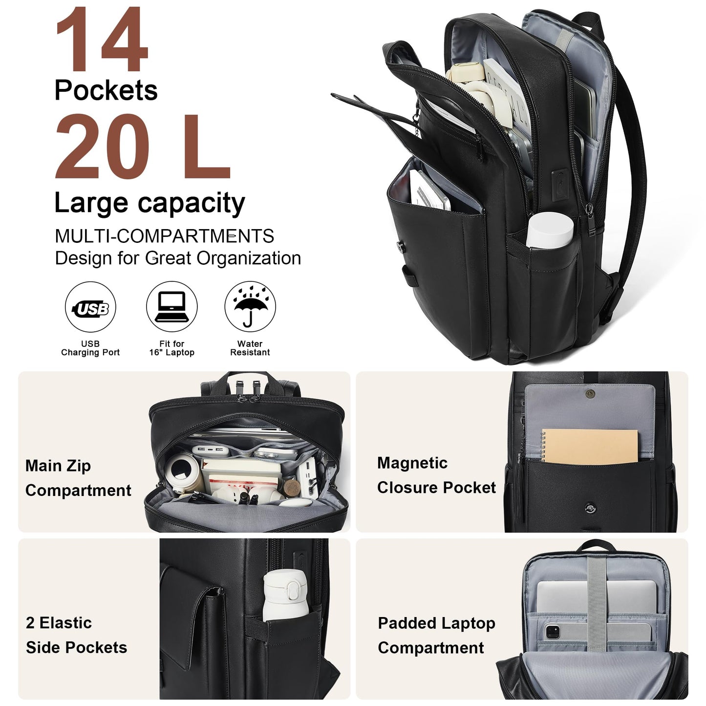 Shrrie 16 inch Vegan Leather Laptop Backpack with USB Charger,Smart Computer Backpack for Men and Women Business,Work,Office,College