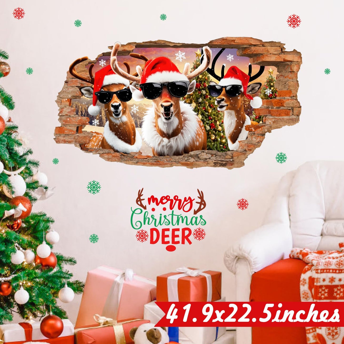 Christmas Wall Stickers Decoration Merry Christmas Wall Decals Peel and Stick 3D Winter Broken Walls Sticker Indoor Xmas Cartoon Deer Vinyl Art Mural for 2026 New Year Holiday Party Supplies