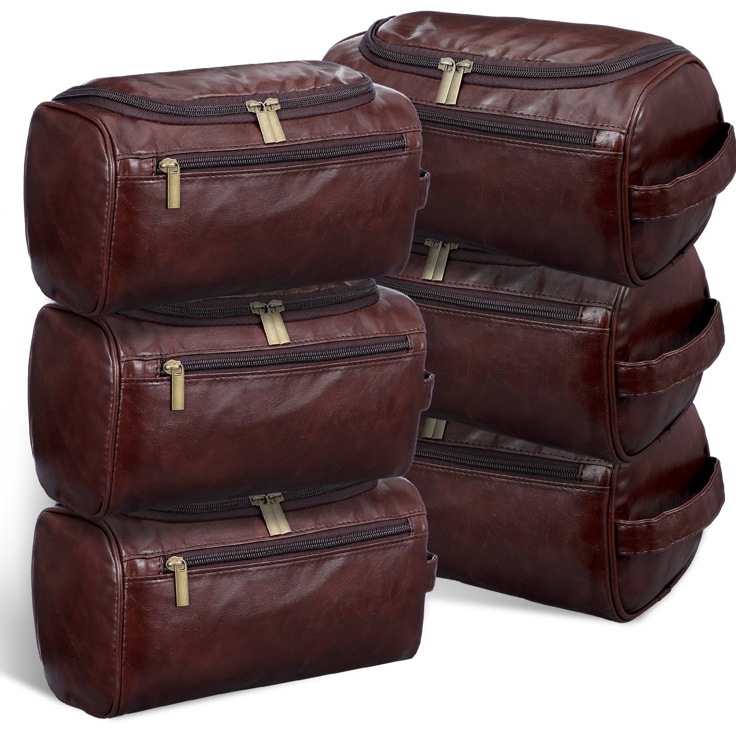 Giloaou 6 Pack Premium Groomsmen Toiletry Bags - PU Leather Travel Shaving Kit with Hook, Wedding Proposal Gift Set for Men, Father, Best Man (Dark Brown)