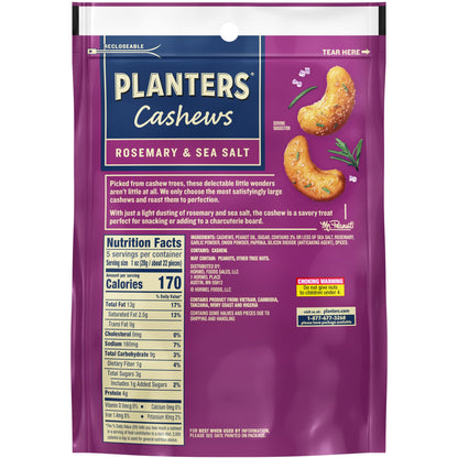 PLANTERS Cashews Rosemary & Sea Salt - Trail Mix Snack Packs - Snack with Rosemary & Sea Salt, Party Trail Mix, 5 Oz Bag, Pack of 1