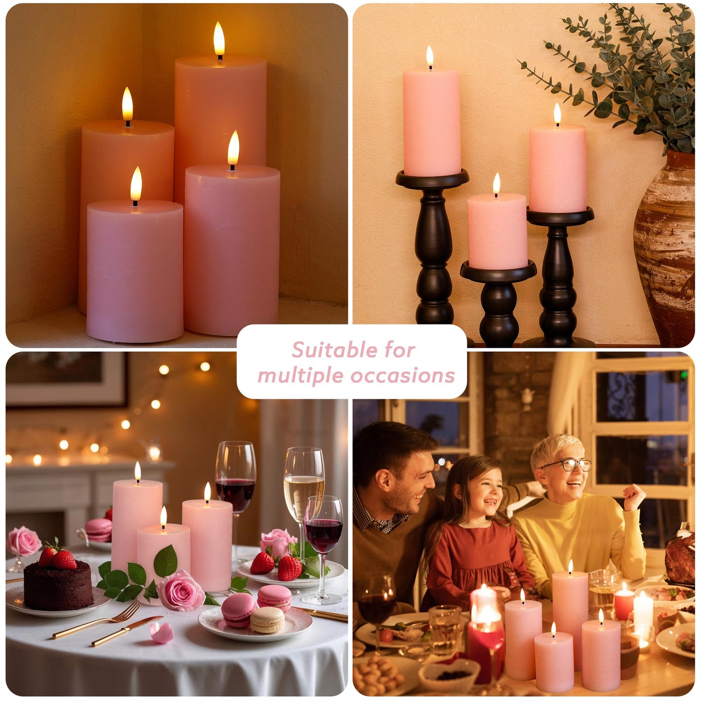 AFINETH Pink Flameless Candles, Real Wax Pillar Battery Operated Candles, Flat Top Flickering LED Pillar Candles with Remote, 4 Pack Fake Candles for Home Party Wedding Romantic Night Decor