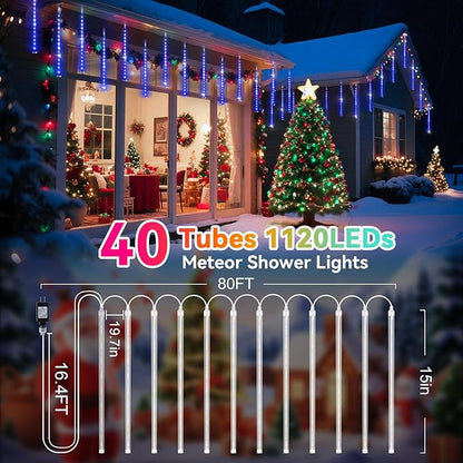 KNONEW 40 Tubes 1120 LED Meteor Shower Lights Christmas Lights Outdoor Plug in Waterproof Falling Rain Light for Xmas Tree Wedding Party Garden Holiday Rooftop Decorations (Blue)