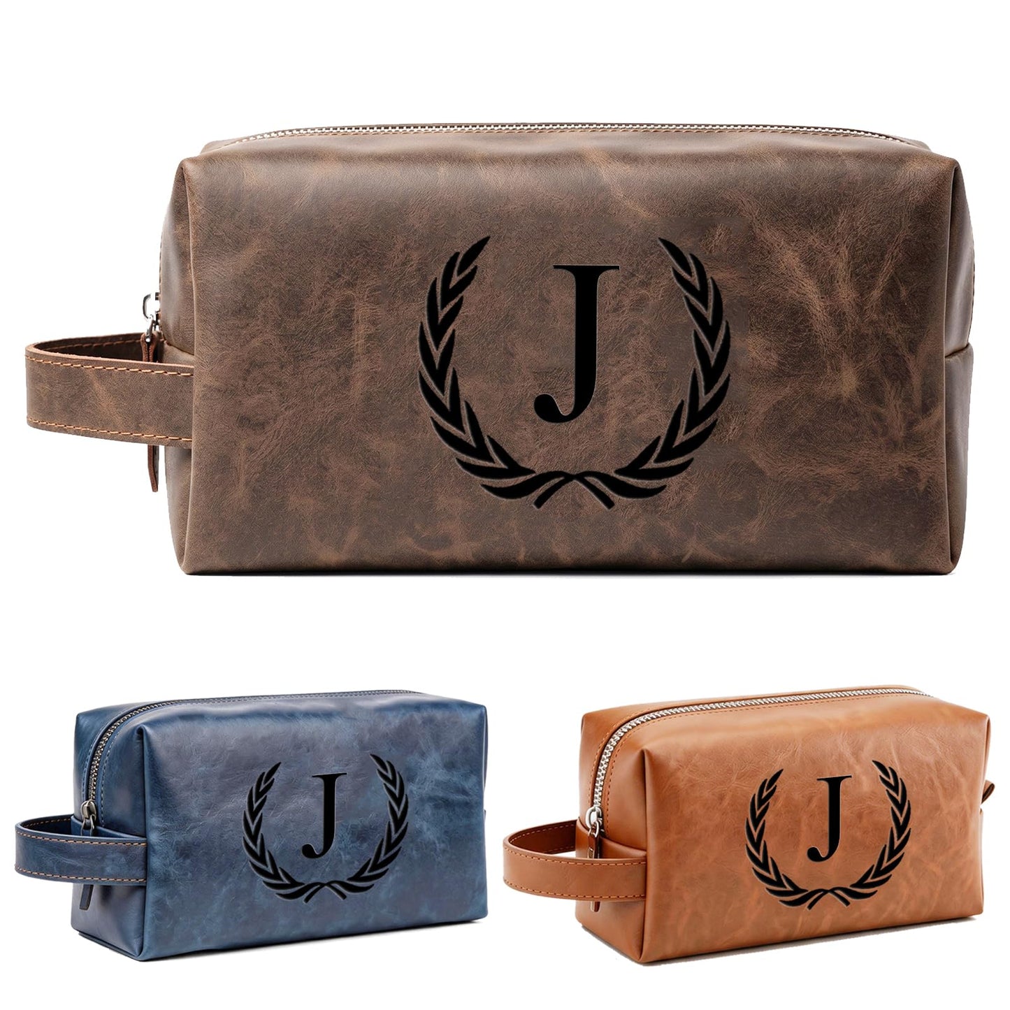 XUMGCUTM Personalized Gifts for Men Dad Husband Groomsmen,Mens Leather Toiletry Travel Bag,Engraved Initial Waterproof Shaving Bags,Birthday Christmas Gift for Men(J, Dark Brown)