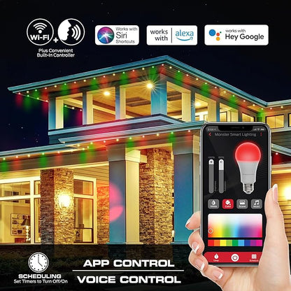 Monster Smart Permanent Outdoor Lights, 150ft, 108 LED Eaves Lights, RGB+IC+WW, Weather & Water Resistant, App & Voice Control, Compatible with Alexa & Google, Halloween, Christmas, Year-Round