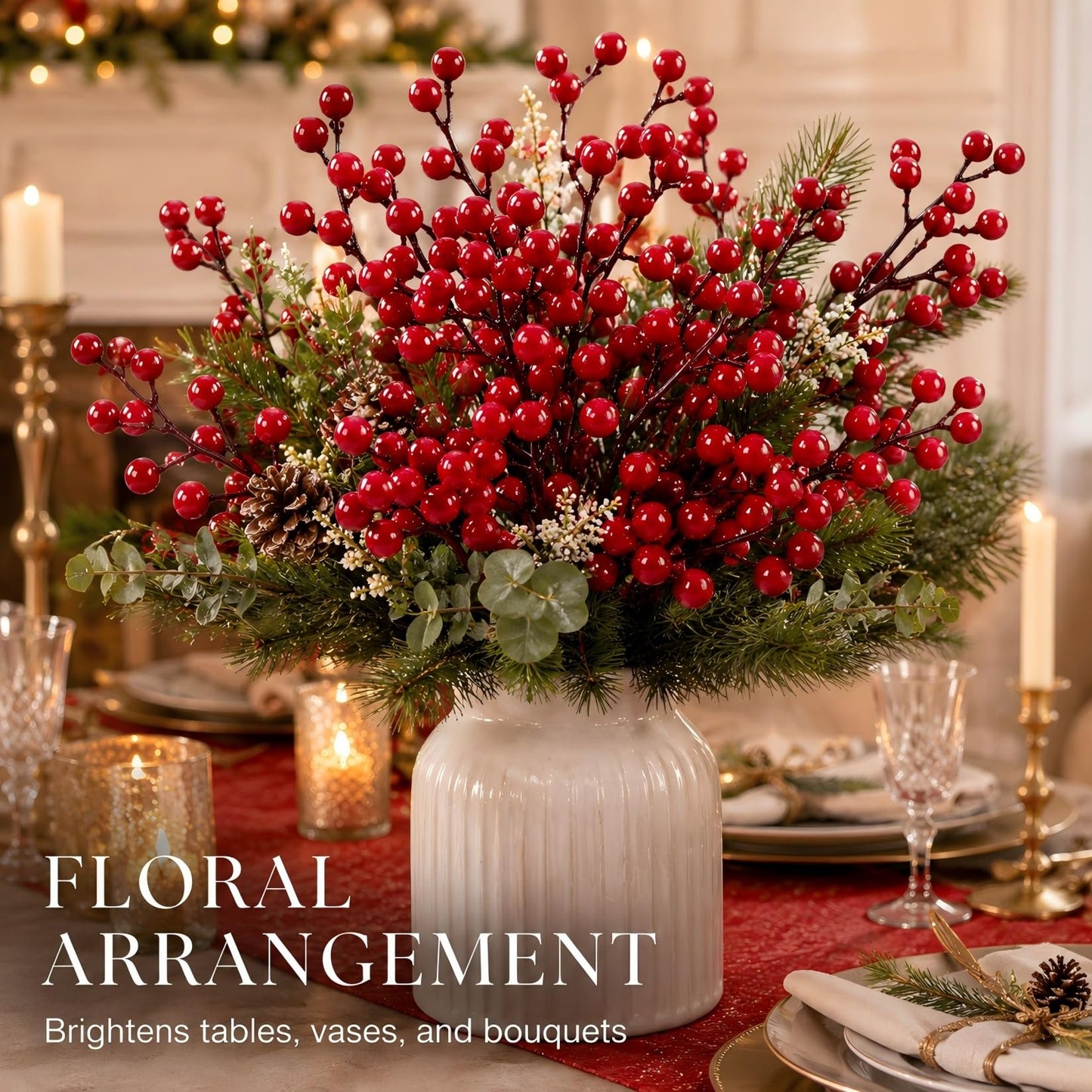 RAINFLOW Red Berry Stems for Christmas Tree - 12 Pcs Artificial Holly Berries 8 Inch Berry Branches No Shedding for Wreath Garland Holiday Home Decor Indoor Outdoor