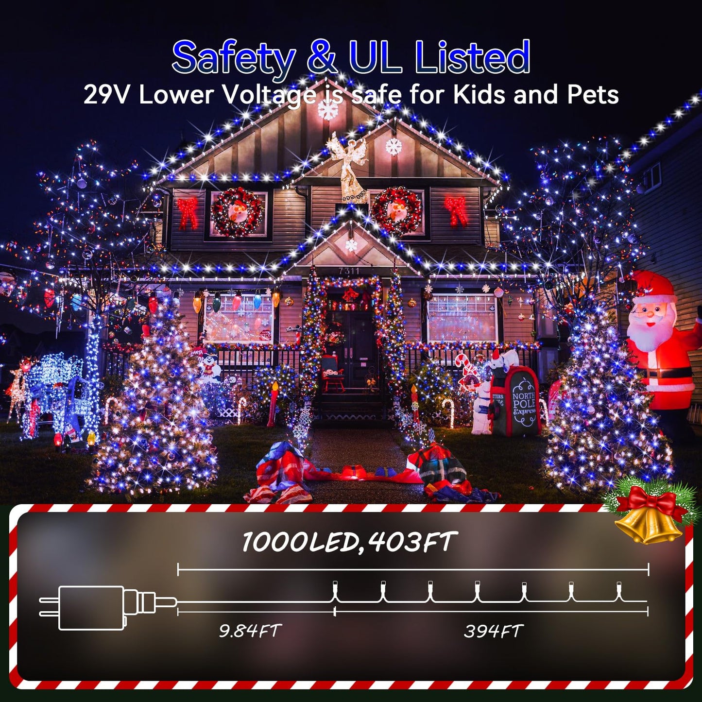 Hezbjiti 1000 LED 403 FT Christmas String Lights Outdoor, 8 Lighting Modes IP44 Waterproof Fairy Lights with Timer and Dimmable Function for Home Party Tree Decorations (Blue+White, Clear Wire)