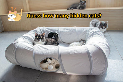 XxingSheep 4 Ways Shuttled XL Cat Tunnel Bed for Indoor Cats Peekaboo Cat Cave Donut with Cool Mat