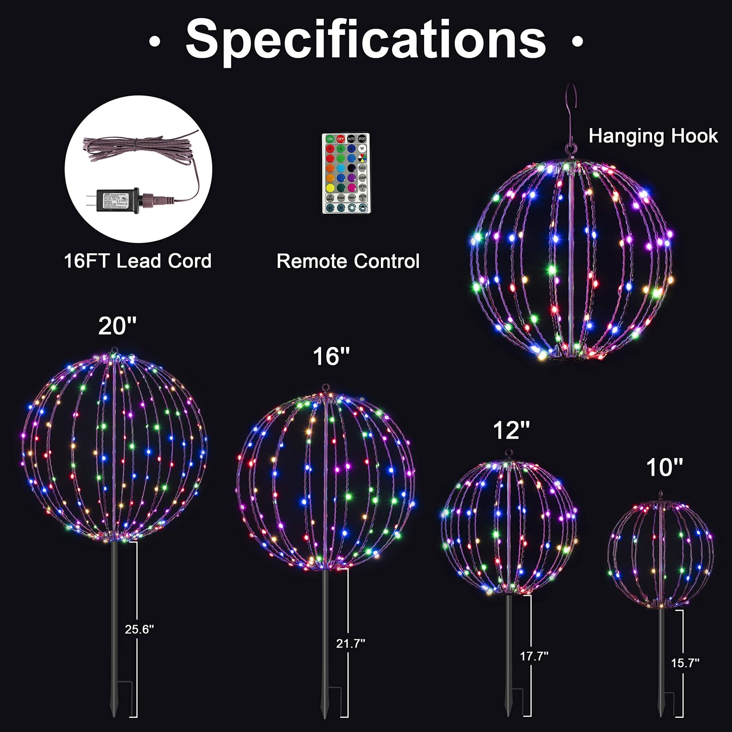 LIGHTSHARE 10IN 48LED Light Ball Yard Decoration Pathway Lights Sphere with Remote Control Fold Flat Metal Frame Indoor Outdoor Waterproof Garden TJQ25B-RGB Brown Frame / RGB 10''