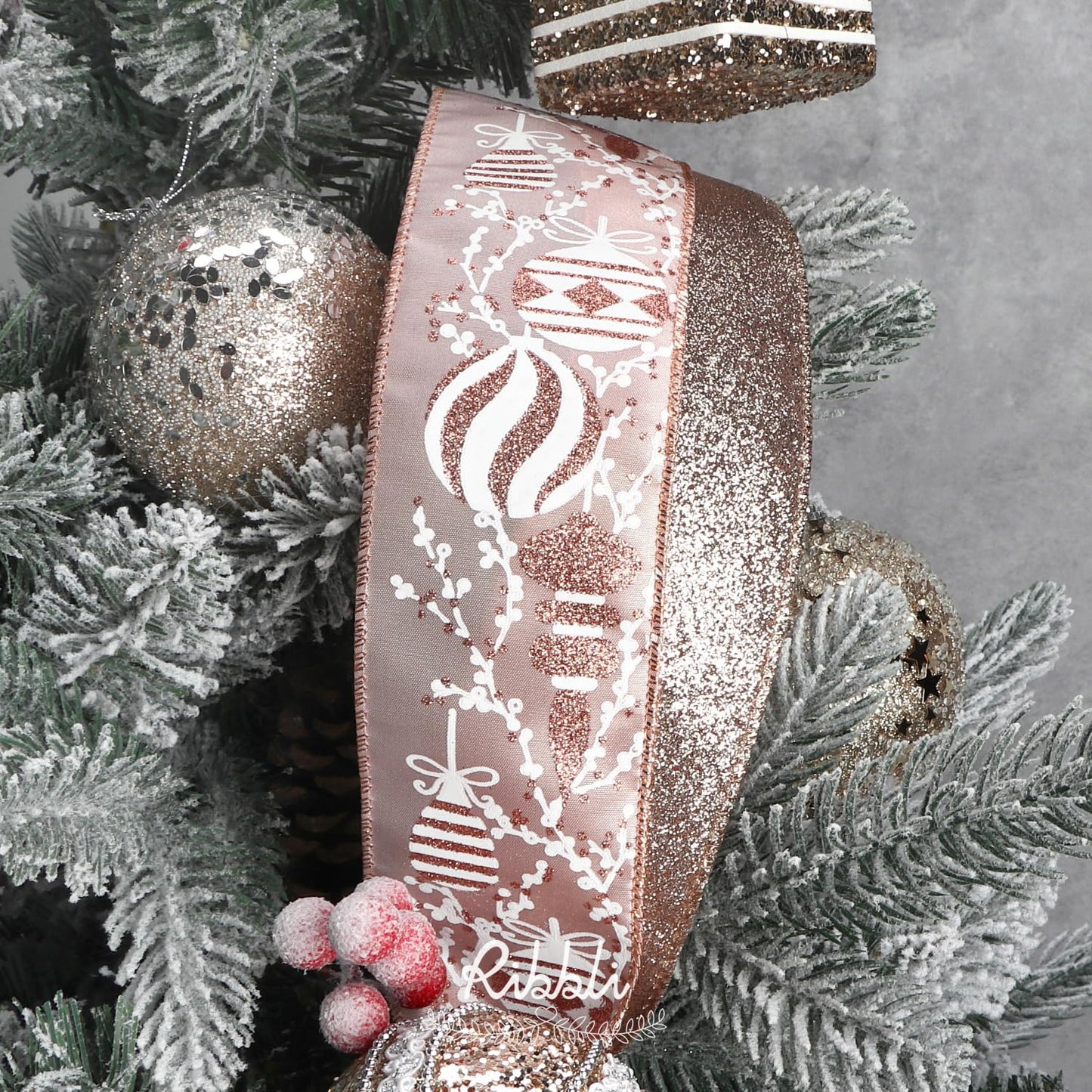 Ribbli Christmas Ribbon Wired Rose Gold Christmas Tree Ribbon Snowflake Glitter Wired Ribbons for Crafts Gift Wrapping Wreaths Garland Home Decor -2.5 Inchx6 Rolls Total 36Yard
