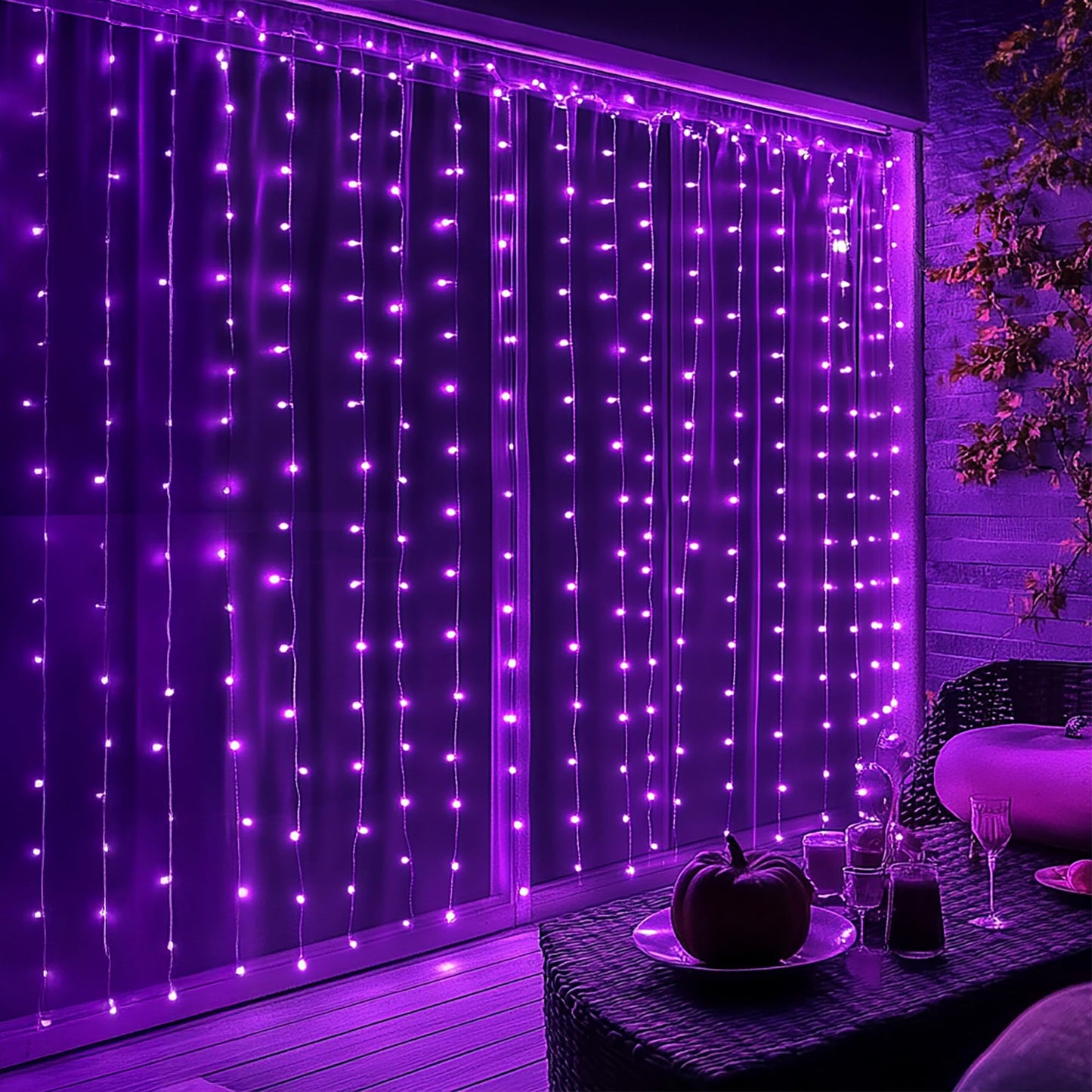 Dazzle Bright 300 LED Christmas Curtain String Lights, Halloween Fairy Lights for Bedroom with 8 Lighting Modes, Waterproof Window Light Party Wedding Garden Wall Decor, Purple