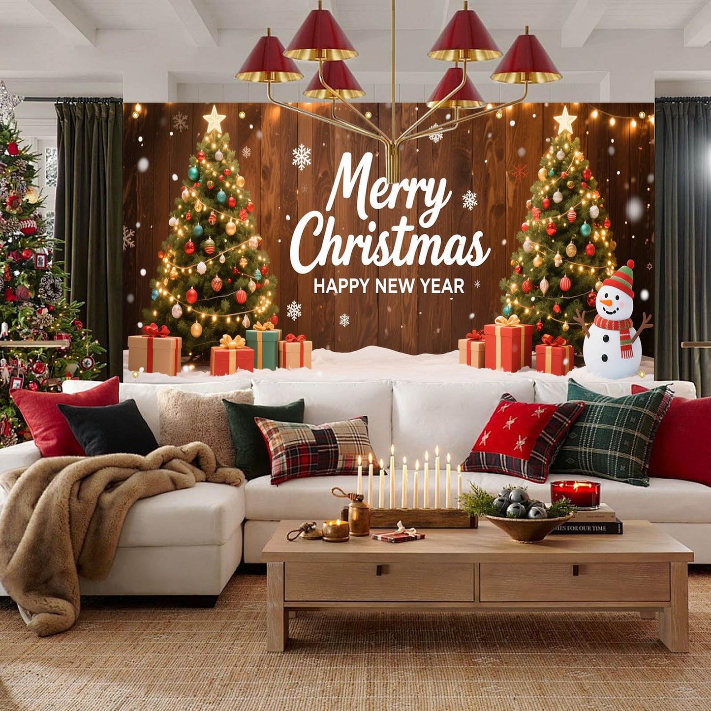 HOMETITUTE Christmas Garage Door Banner 13x6ft Merry Christmas Happy New Year Green Trees Snowman Gift Boxes Holiday Outdoor Indoor Decor Seasonal Party Backdrop