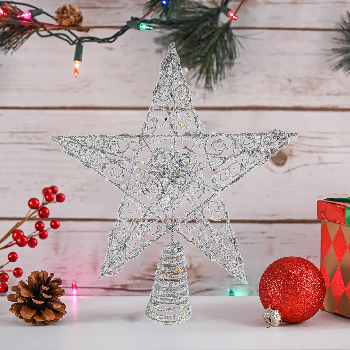Ornativity Silver Star Tree Topper - Christmas Swirl Design Sparkle 3-D Dimensional Hallow Xmas Trees Top Star Decor Treetop Ornament Decorations