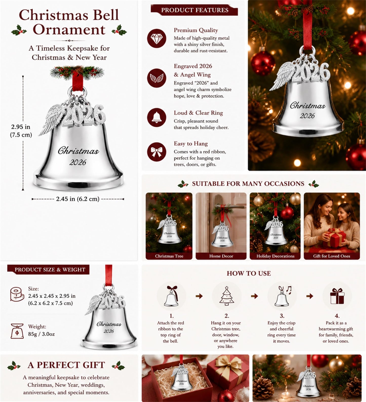 FKOG Silver 2026 Christmas Bell & Sleigh Bell Ornament with Angel Wings Wedding Anniversary Newlywed Married Memories Decoration Gifts (2026 Christmas Bell and Sleigh Bell)