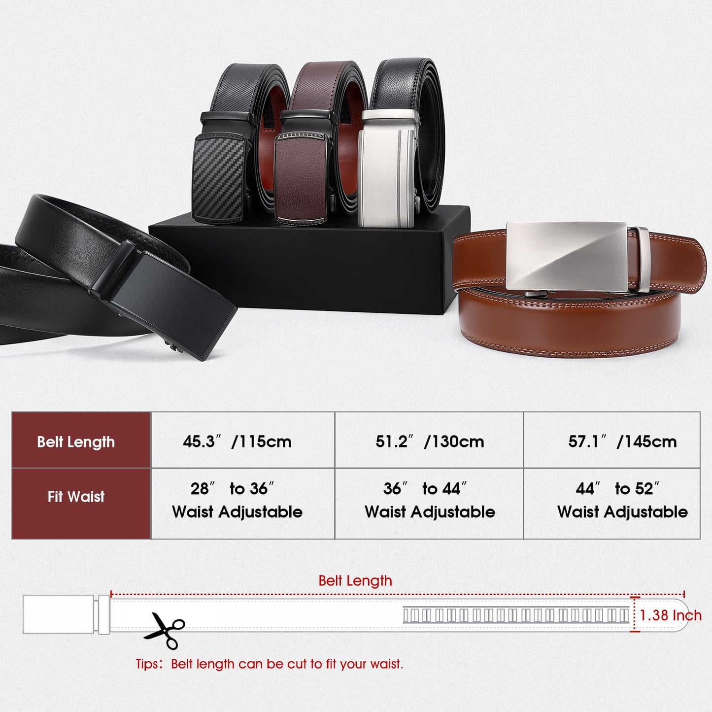 BELTROAD Ratchet Belts for Men- 2-Pack Men‘s Ratchet Adjustable Click Slide Belts for Dress Casual 1 3/8" Leather Belt Gift