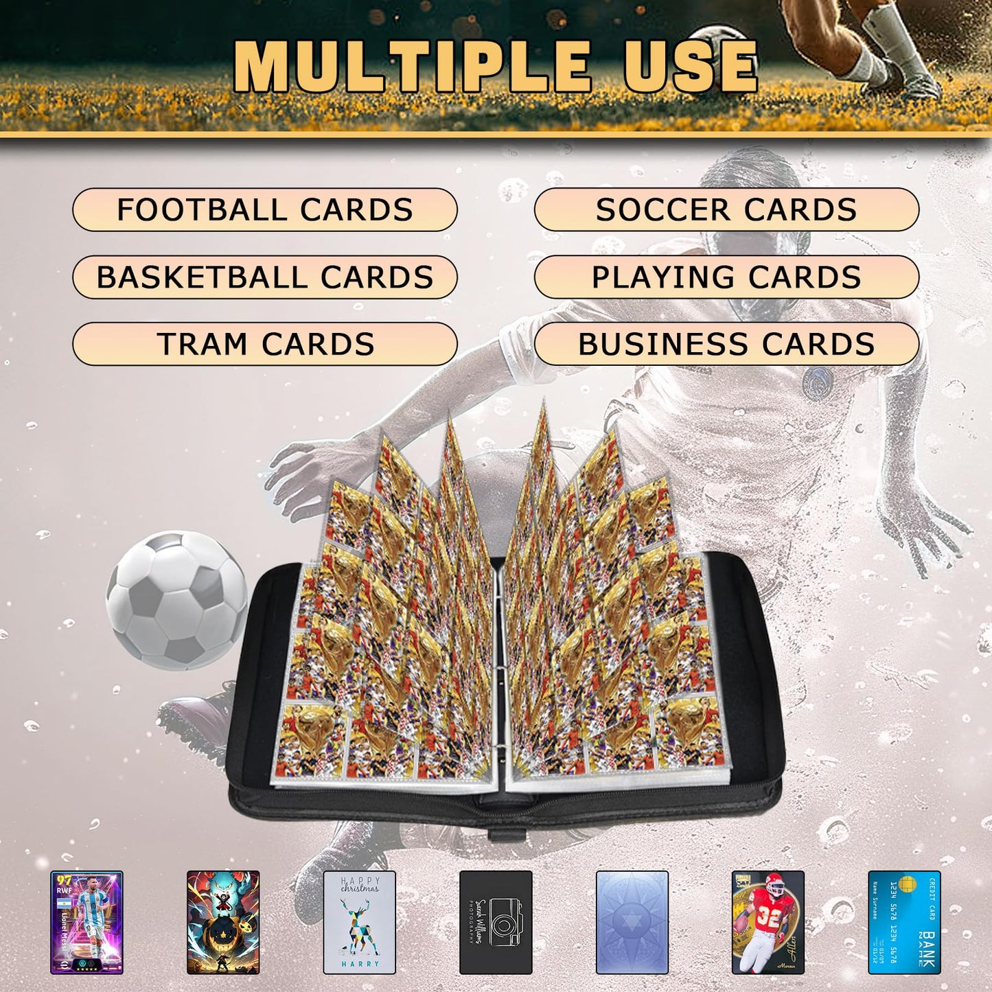 Soccer Card Binder 9 Pocket,Trading Card Binder Fits 900 Cards with 50 Removable Sleeves,Waterproof PU Leather 3-Ring Zipper Card Organizer,Portable Card Holder for Football Fans ＆ Collectors