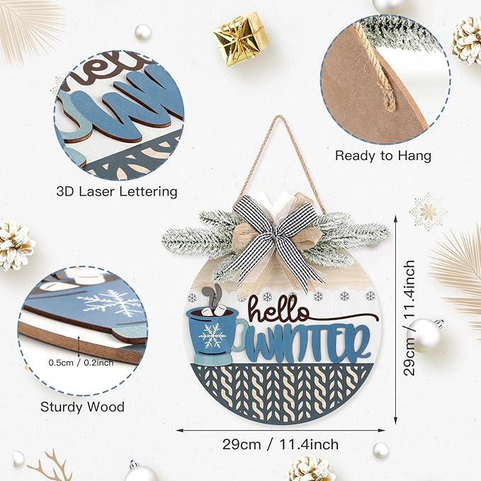TOARTi Hello Winter Welcome Door Wreath with Bow Pine(11.4''x11.4''), Rustic Coffee Cup Snowflake Sign Hanging, Farmhouse Home Kitchen Cafe Wooden Decoration for Christmas Winter Housewarming Gift