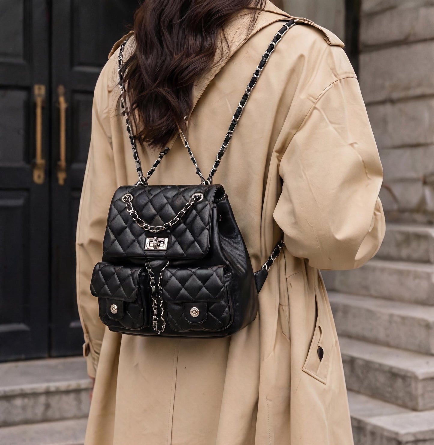 COC.EFRENAR Quilted Mini Backpack for Women, Chain Strap Small Purse with Flap Closure, Fashion Shoulder Bag Cute Travel Daypack(Black)