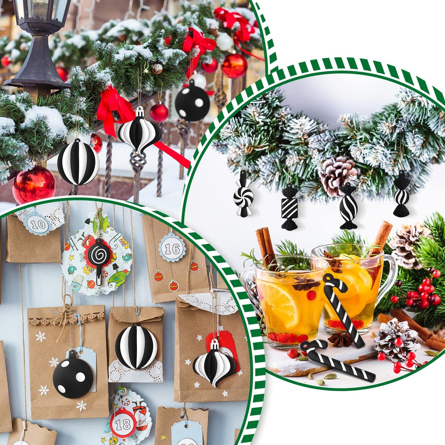 Panelee 20 Pcs Christmas Candy Tree Ornaments PVC Christmas Candy Cane Lollipop Ornament Xmas Hanging Decors Birthday Party Decoration Crafts for Holiday Xmas Tree Party (Black and White)