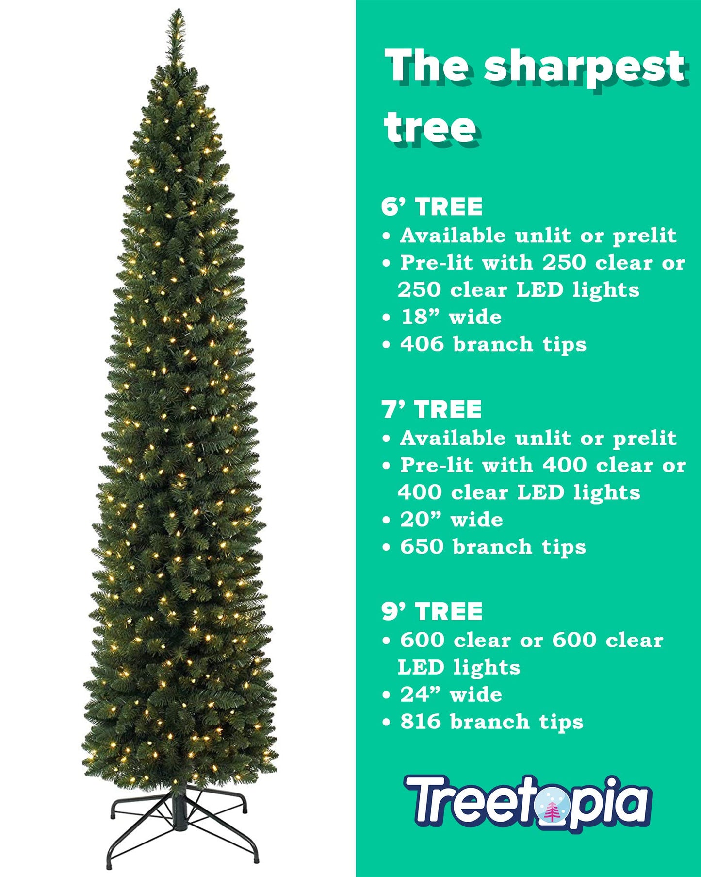 Treetopia Empire Pencil Tree - Artificial Indoor Christmas Tree, Unlit, Hinged Branches, Holiday Décor, 7.5ft