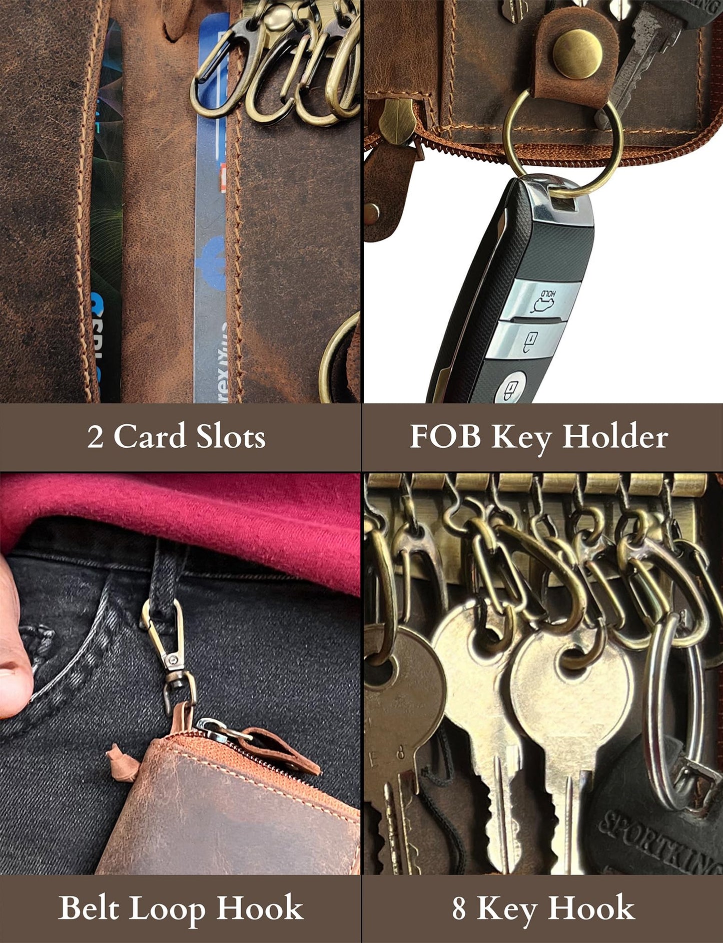 RUSTIC TOWN Leather Key Holder Case - Zippered Key Organizer Wallet with 8 Hooks for Keys, Cash, and Card - Gift for Men and Women
