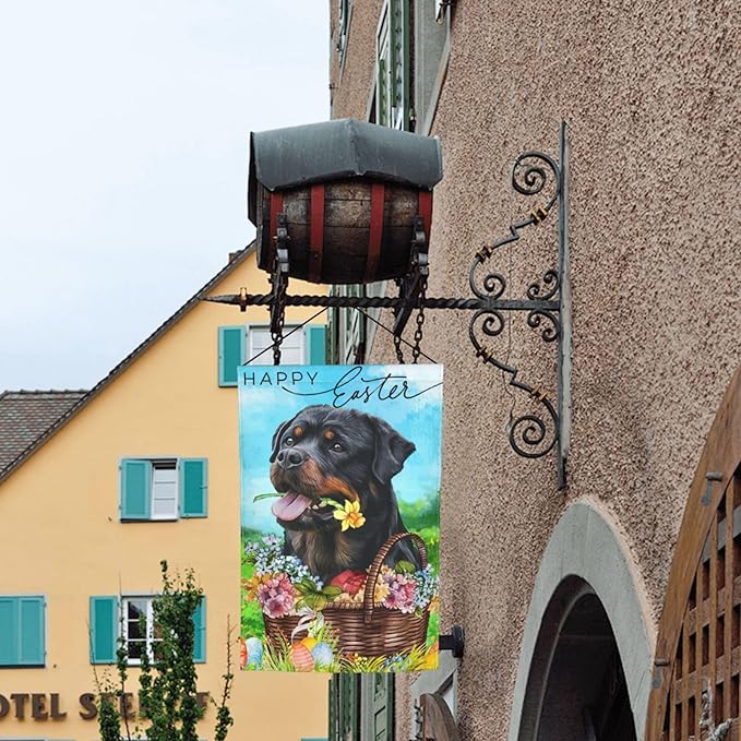 Happy Easter Rottweiler Dog Black Flower Eggs Garden Flag Welcome Party Outdoor Outside Decorations Picks Home House Garden Yard Decor 12x18 Inch