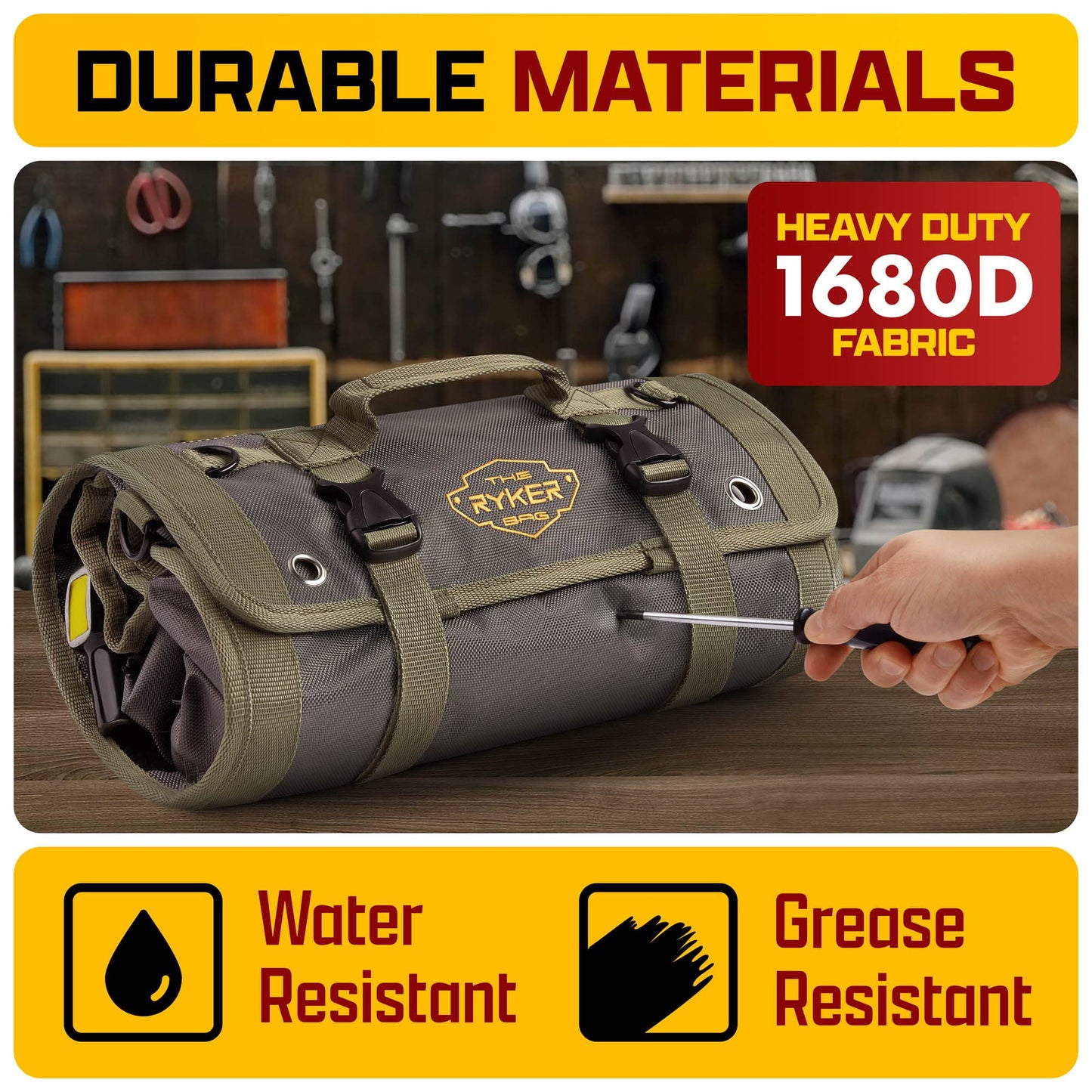 The Ryker Official PRO Tool BAG Organizer Heavy Duty Foldable Storage Bag with Detachable Pouches, Wrench Holder, Rugged Canvas for Mechanics, Electricians, Motorcycle Use, Practical Gift for Dads