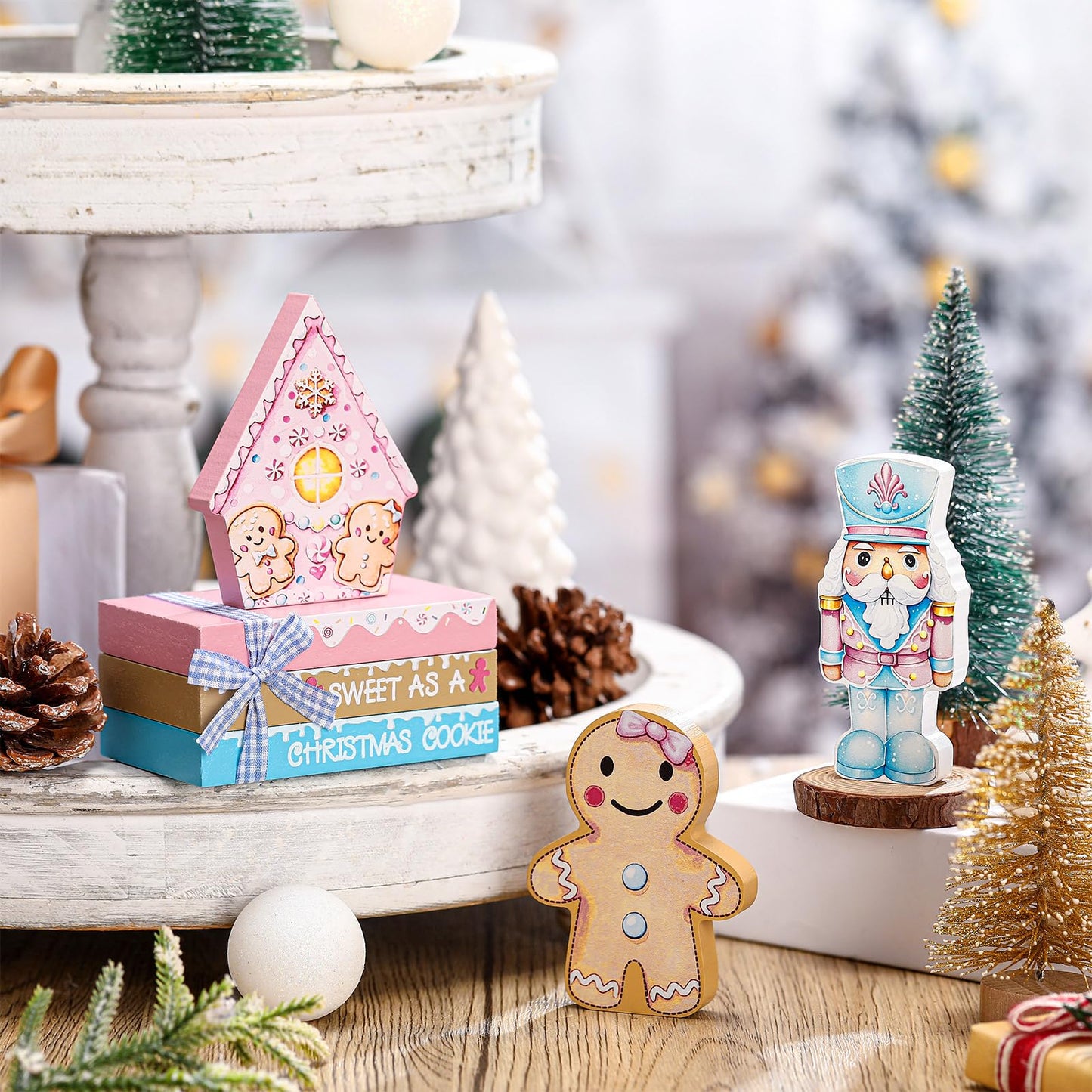 Sivak 6 Pcs Pastel Pink Gingerbread Christmas Decor Gifts, Pastel Pink Christmas Decorations Indoor, Gingerbread House Decorations, Xmas Decor for Farmhouse Home Office Mantel Shelf Table Tiered Tray