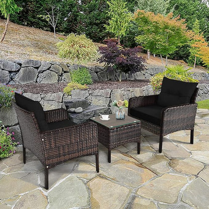 HAPPYGRILL 3 Pieces Patio Conversation Set Outdoor Rattan Wicker Furniture Set with Coffee Table & Chairs Patio Bistro with Seat Cushions for Garden Balcony Backyard Poolside