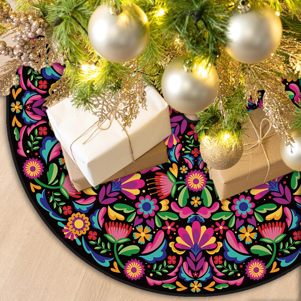 Mexican Christmas Tree Skirt 48 Inch Feliz Navidad Tree Collar Mexico Dahlia Tree Decor Mexican New Year Xmas Decor Christmas Decorations for Home Party