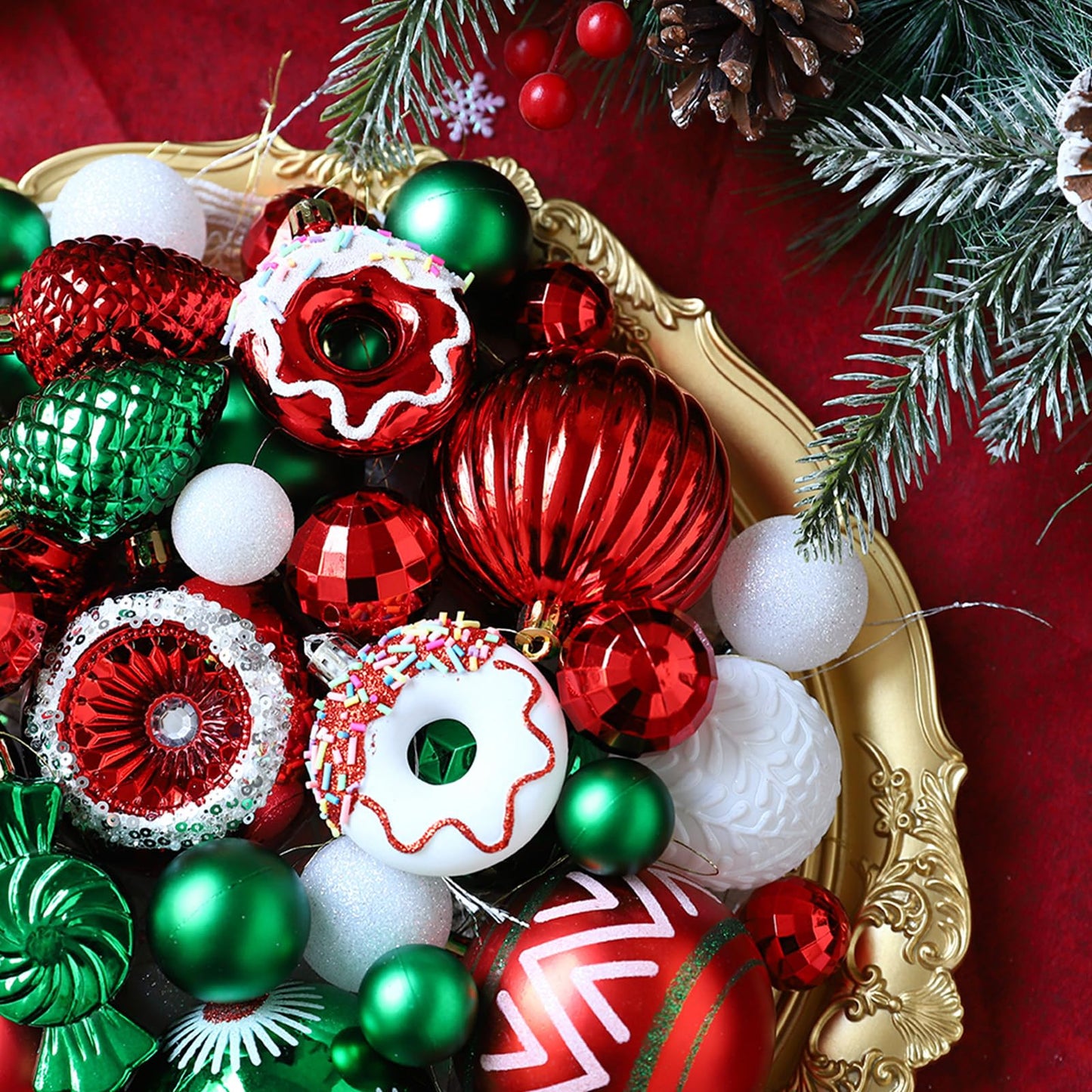 56Pcs 21Styles Christmas Balls Hanging Ornaments Set,Red Green and White Assorted Shatterproof Plastic Christmas Balls Baubles with Candy Canes,Donuts for Xmas Tree Holiday Home Party Decorations