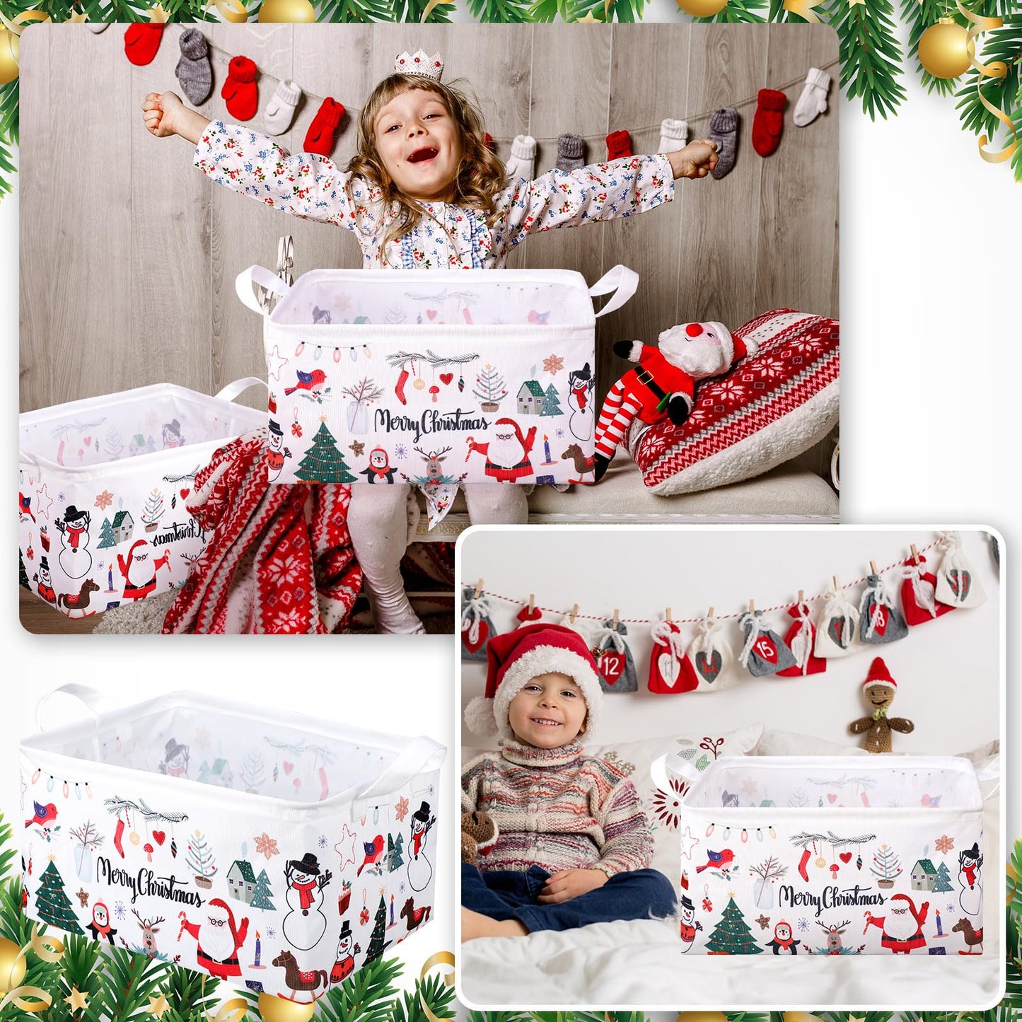 Maxcheck 6 Pcs Large Christmas Basket for Gifts Empty Foldable Xmas Gift Basket Rectangle Christmas Santa Present Storage Bin Fabric Cubes Containers Boxes with Handles for Present Cloth Toy