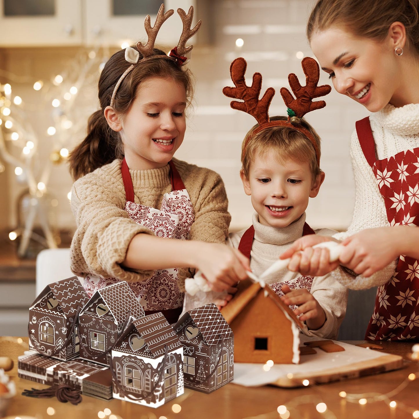 Gersoniel 24 Pcs Christmas Gift Boxes Candy Gingerbread House Mini Christmas Party Favor Box Small Paperboard Gift Container for Xmas Holiday Party Treat Cookie Goodie Snack Packaging (Dark Brown)