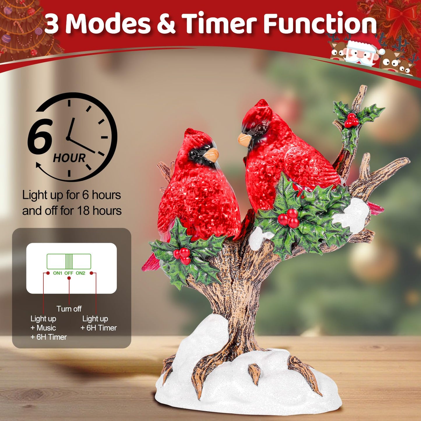 9.8 inch Christmas Snow Globes Cardinal with Music 6H Timer USB and Battery Powered Lighted Glitter Water Lantern Cardinal Snow Globe for Christmas Festival Decoration Gifts
