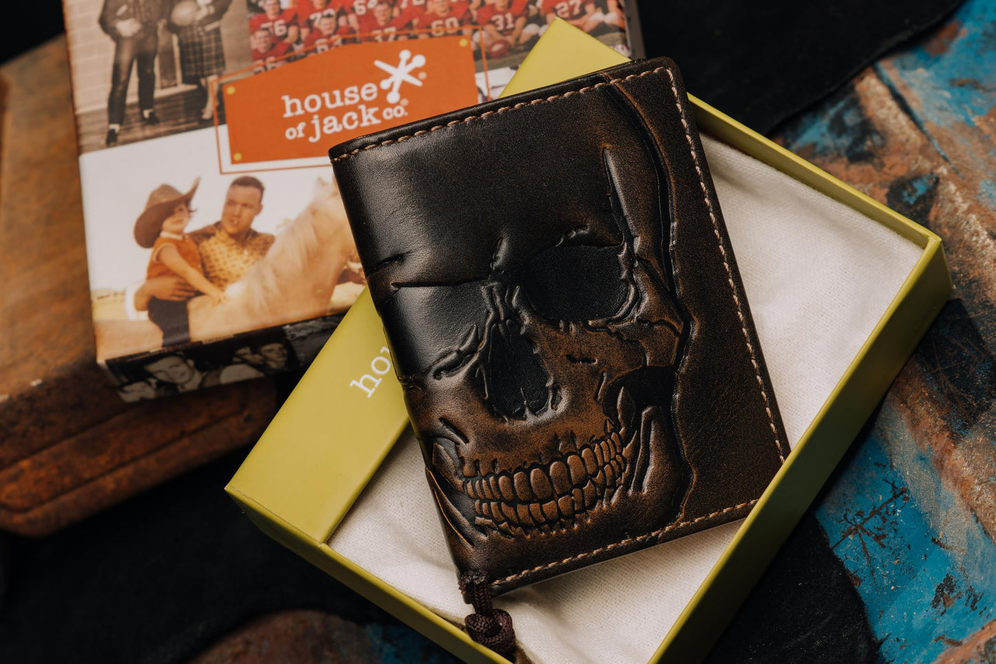 House of Jack Co. Skull Men's Slim Card Wallet, Minimalist Front Pocket Bifold Card Holder, Full Grain Leather, 6 Card Slots with ID Window, Embossed Skull, Gift for Men, Black