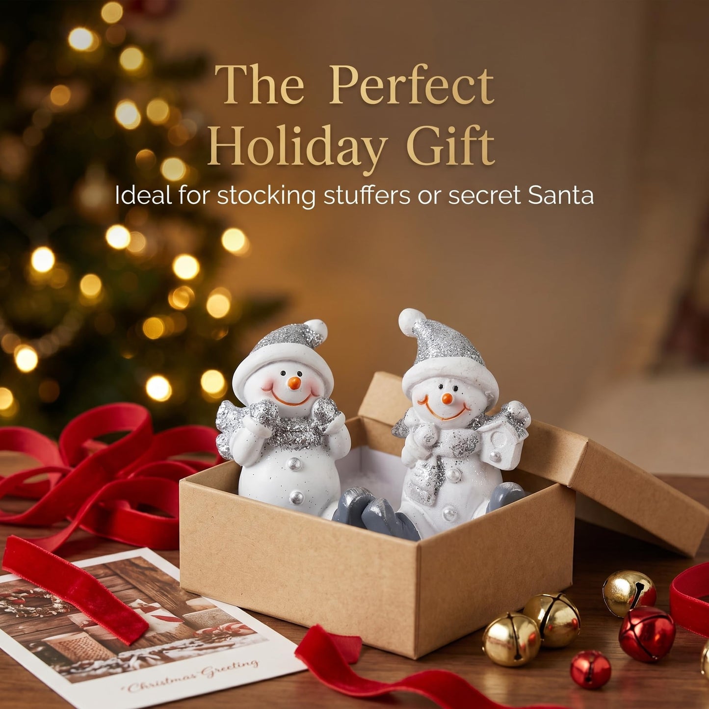 Brizoria Snowman Decor Christmas Decorations Indoor Sitting Resin Figurines Set of 2 Silver Glitter Finish with Gift Box and Lantern Winter Tabletop Mantel Shelf Holiday Display