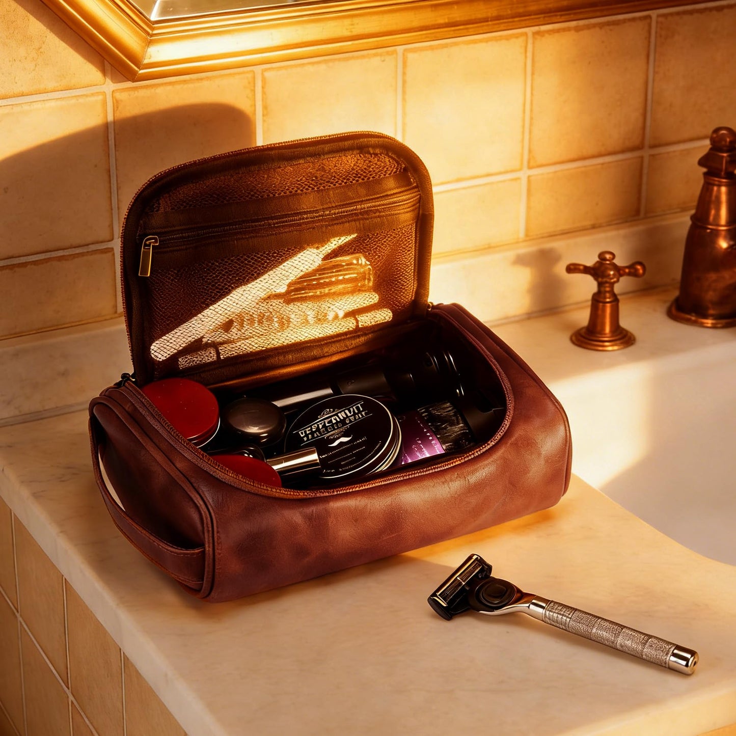 Aganmi Personalized Gifts Travel Toiletry Bag for Men Him, Laser-Engraved Initial Waterproof PU Leather Shaving Bag Fathers Day Birthday Gift for Men Dad Husband Boyfriend Son Reddish Brown M