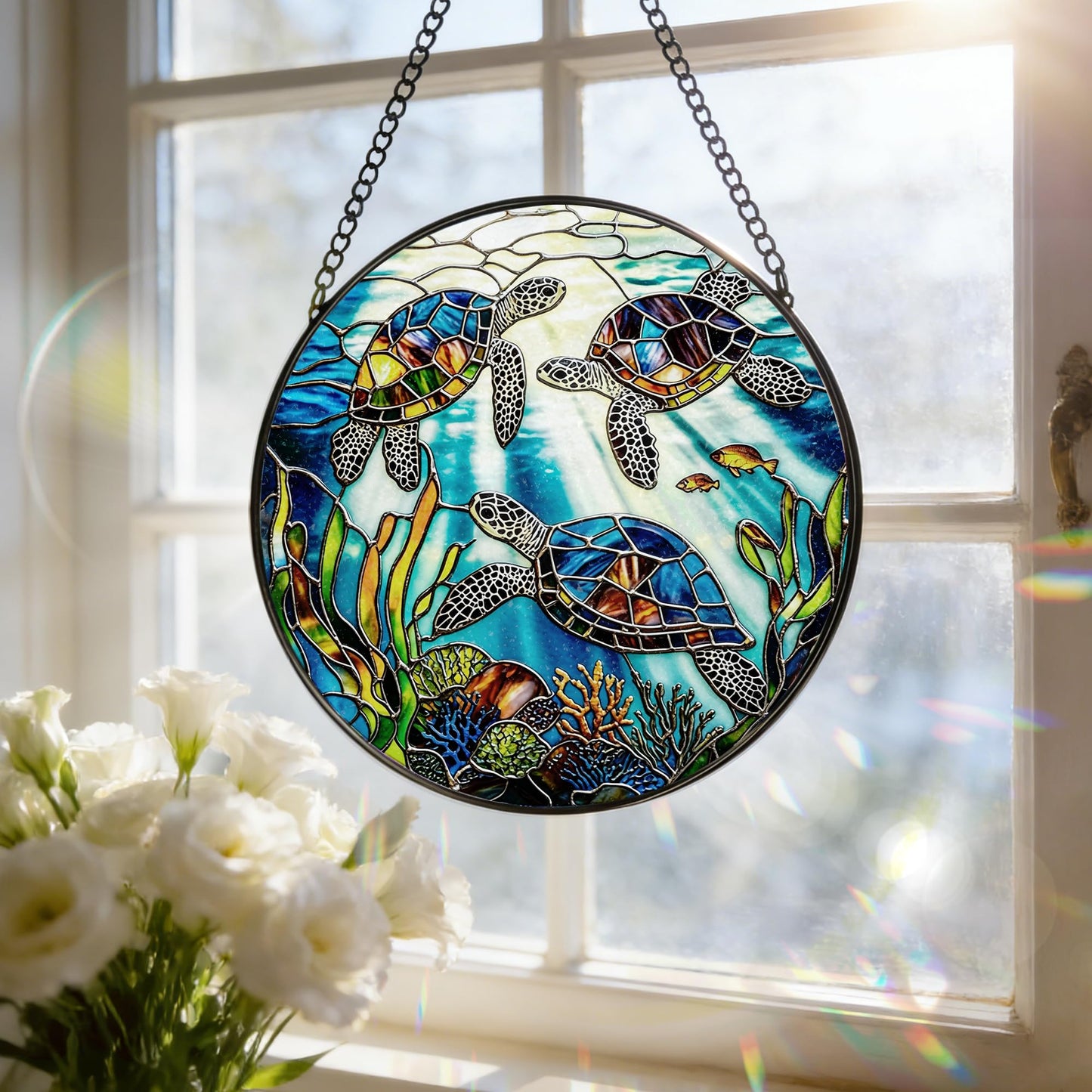 Stained Glass Window Hanging, 7.8 Inch Sea Turtle Stained Glass Sun Catcher, Ocean Window Hanging Art, Window Ornament Suncatcher, Turtle Lover Gift, Coastal Gift for Beach Lover, Gifts for Him & Her