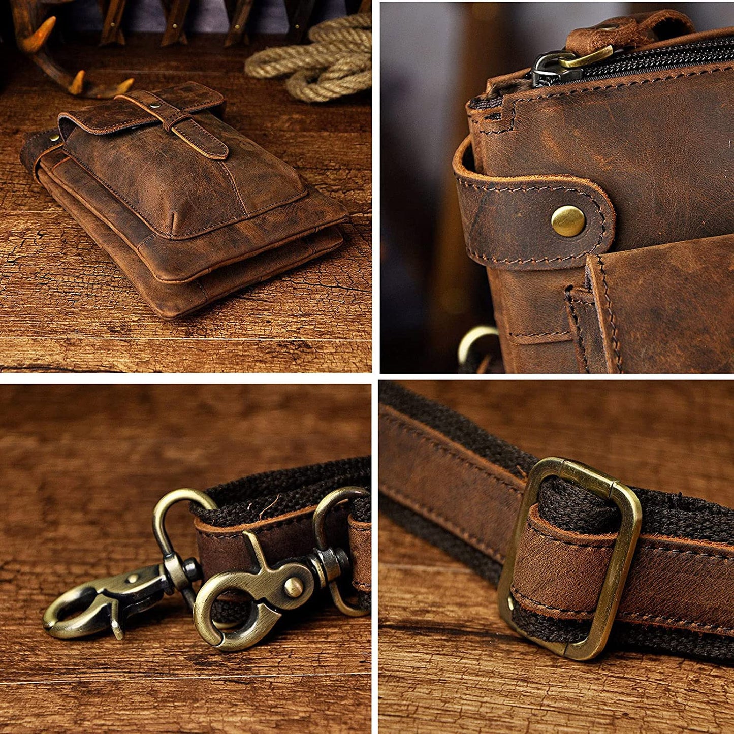 Le'aokuu Mens Genuine Leather Small Messenger Shoulder Satchel Waist Bag Pack 8711 (8711 A-Dark Brown)