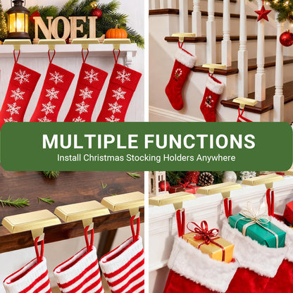 Komotu 4 Pcs Metal Christmas Stocking Holders for Mantle - Weighted Heavy Duty Stocking Hangers Hooks for Fireplace Table Window Xmas Holiday Decor (Gold)
